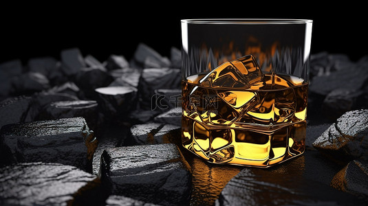 黑煤背景下威士忌玻璃的 3D 渲染