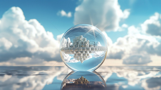 几何形状和玻璃球在 3D 插图中优雅的多云背景下脱颖而出