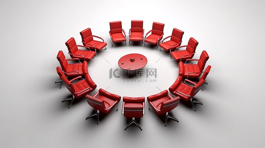 公司会议红色皮革行政椅位于白色背景 3D 渲染的圆形座位安排中心
