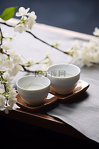 中国茶和桌上的白花