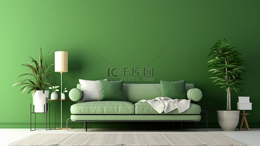 绿色客厅内部在绿色墙壁背景下的 3D 渲染