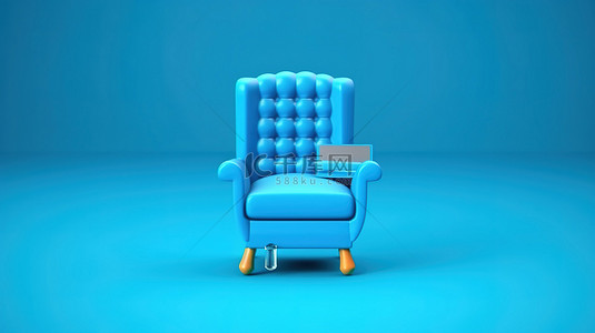 蓝色背景上手机椅和桌子的 3D 插图