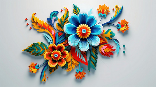 花卉可爱背景图片_带有民间艺术花的 3D 渲染植物贺卡装饰品的插图