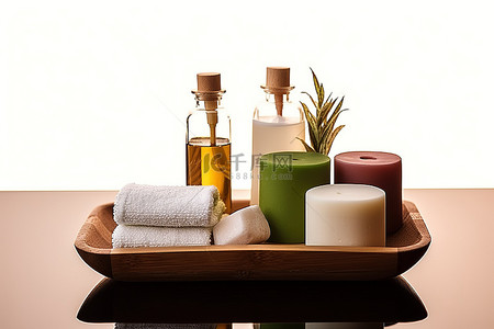肥皂洗发水和乳液放在木托盘上