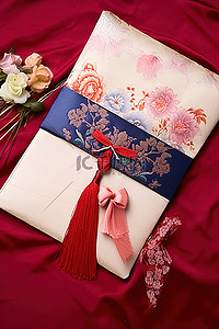 道具箱ui背景图片_一堆花上放着一个带流苏的红色信封