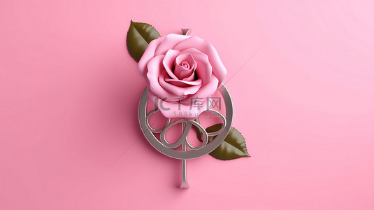 粉红色柔和背景上的玫瑰和性别符号 3d 中快乐的情人节庆祝活动