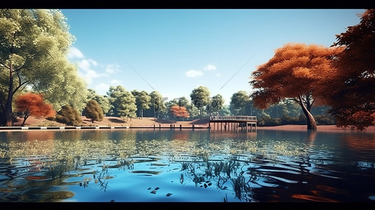 森林湖背景图片_宁静公园的 3D 渲染，享有美丽的湖景