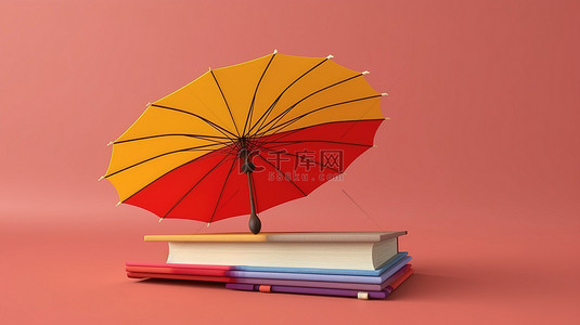 3d 创建的彩虹色书籍下的充满活力的雨伞