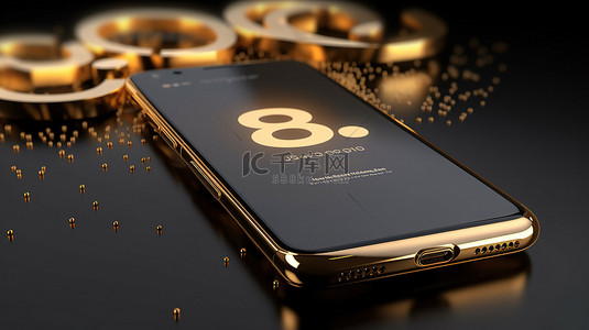 8k 社交媒体支持者用漂浮在智能手机上的金色 3D 数字渲染来庆祝