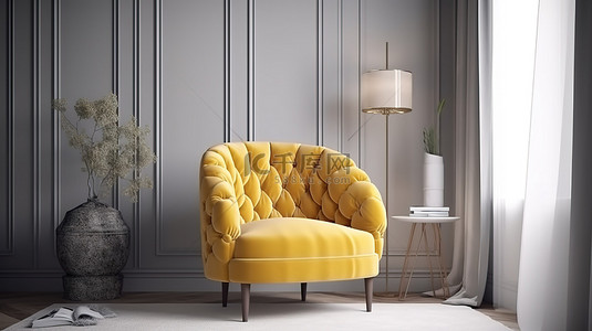 家居家居背景背景图片_室内设计可视化客厅，配有内置阅读角和黄色扶手椅