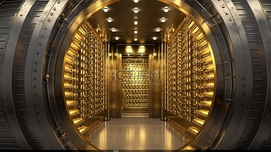 宽敞的银行金库的 3D 渲染，带有开放式门口梯和金条储藏室