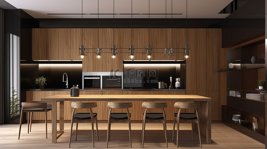 现代木质厨房和餐厅柜台，令人惊叹的 3D 渲染