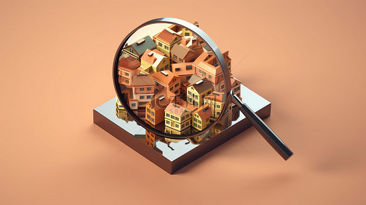 用放大镜进行住房搜索的概念 3D 插图