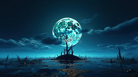 夜生活节背景图片_蓝色主题3D万圣节插画满月云彩底层