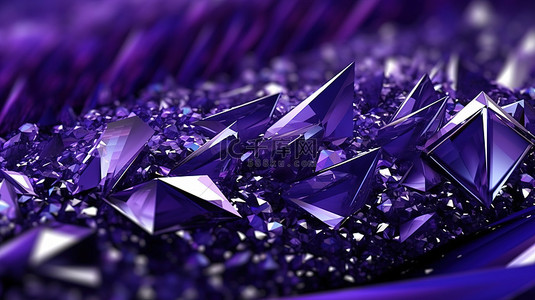 奢华装饰背景图片_3D 插图，在精致的紫色背景上呈现水晶装饰的三角形
