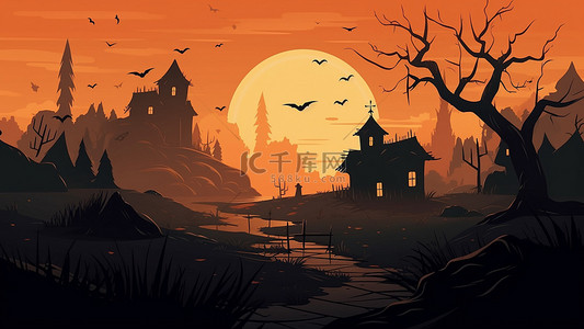 快乐卡通插画背景图片_万圣节城堡蝙蝠卡通背景