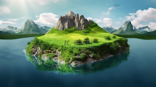 令人惊叹的浮岛周围环绕着雄伟的山脉 3D 渲染的岩石草和乡村风景