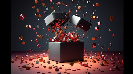奢华的几何元素漂浮在一个充满惊喜的打开礼品盒的 3D 渲染背景中