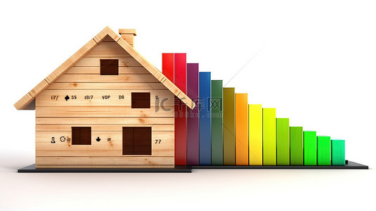 白色背景下具有能源效率评级图的生态住宅的 3D 渲染