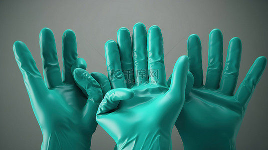 一位戴着蓝绿色橡胶手套的医生的 3d 手展示了各种用于演示广告和插图的手势