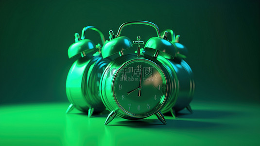 绿色双铃闹钟在 3d 插图中放置在绿色背景上作为时间保持的概念图像