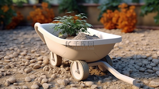 粘土风格白色独轮车的 3D 渲染，非常适合园艺和建筑