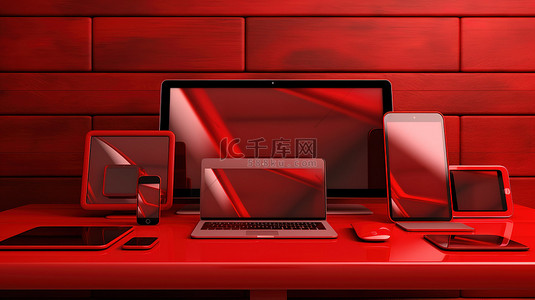 红色办公桌的充满活力的 3D 插图，配有电脑笔记本电脑手机和数字平板电脑