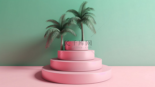品牌推广方案背景图片_现代 3D 棕榈树讲台抽象插图，用于绿色粉色品牌推广