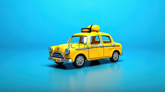 氢能源汽车背景图片_3D 渲染的卡通玩具车，带有蓝色背景的出租车标志