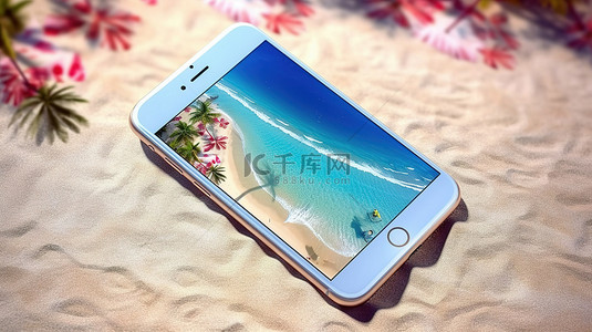 手机屏幕显示暑假梦幻海滩度假胜地的 3D 渲染