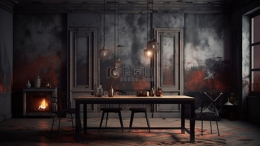 桌面和烟雾缭绕的气氛将这个垃圾房间内部变成了 3D 渲染