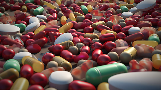 医疗科插画背景图片_充满各种医疗药丸和健康胶囊的 3D 渲染背景