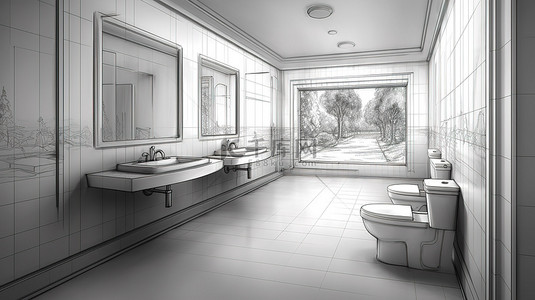 带有轮廓草图的卫生间轮廓可视化的 3D 插图