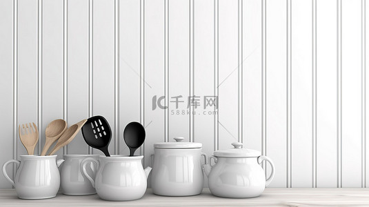 白色木质背景，有足够的空间用于 3D 渲染中的模拟厨房用具