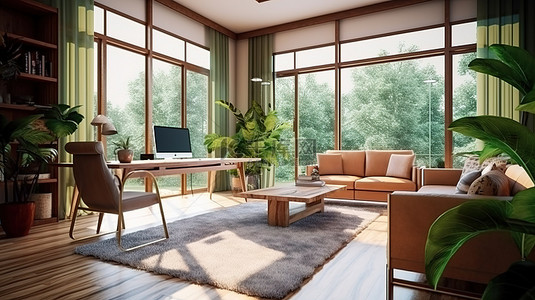 令人惊叹的家庭办公室 3D 渲染，配有木制电脑桌椅子沙发和窗户设计