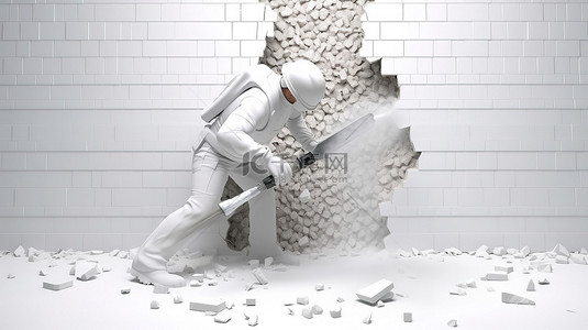 操作手提钻的白色建筑工人的 3d 渲染