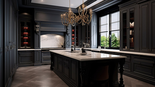 传统英式厨房设计的现代风格深色家具时尚的外墙和豪华的大理石台面 3D 渲染