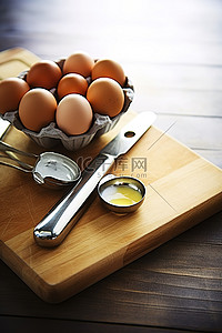 鸡蛋面包鸡蛋和木板上的擀面杖