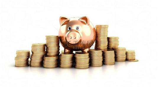 3D 渲染了一个存钱罐的插图，上面有一堆金币，象征着白色背景下投资省钱的概念