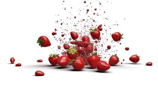 3d 渲染的一堆草莓翻滚到空白的白色表面上
