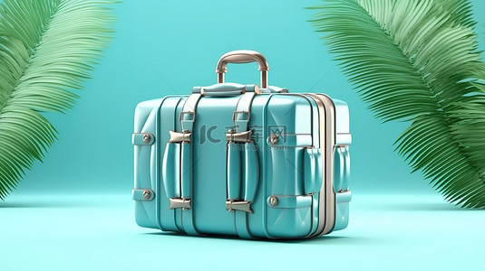 3D 渲染热带场景，带有行李袋棕榈树和椰子叶，背景为柔和的蓝色和绿色