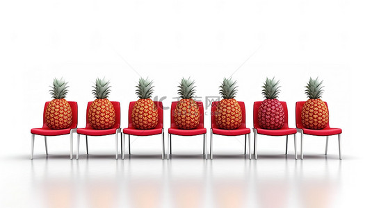 白色背景上一排办公椅的 3D 渲染，红色椅子上有新鲜成熟的菠萝