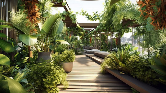 创业计划书背景图片_现代热带房屋的 3D 插图，带有令人惊叹的屋顶花园