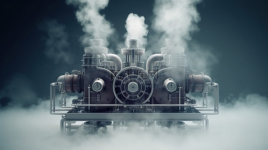 烟雾气体背景图片_具有朦胧烟雾或薄雾 3D 渲染的超现实机械