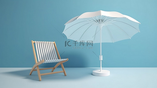 下雨伞背景图片_在柔和的蓝色背景下，白色和蓝色躺椅和雨伞在木制讲台上以 3D 呈现