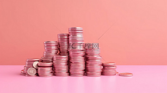 粉红色背景上的硬币堆和钱捆的 3D 渲染变得容易省钱