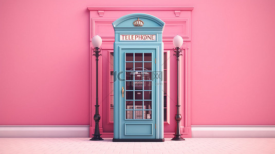 使用 3D 技术创建的柔和粉红色背景下的双色调效果的老式英国电话亭