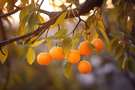 秋天柿子树背景图片_一棵树的图像，上面挂着成熟丰满的橙色水果