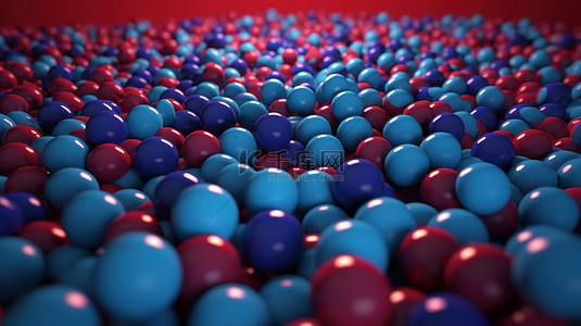 几何红蓝背景图片_充满活力的蓝色红色和紫色球在 3D 渲染中覆盖蓝色平面