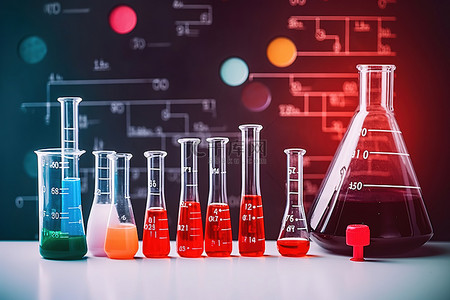 试管毒药背景图片_科学板周围的几个彩色试管和瓶子